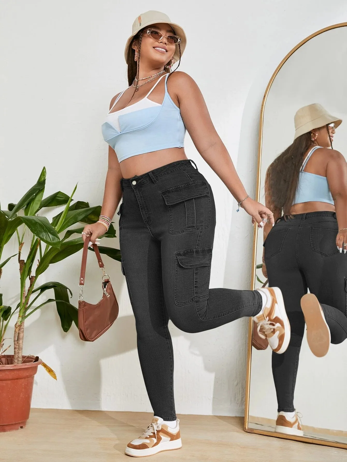 High Rise Jeans With Flap Pockets