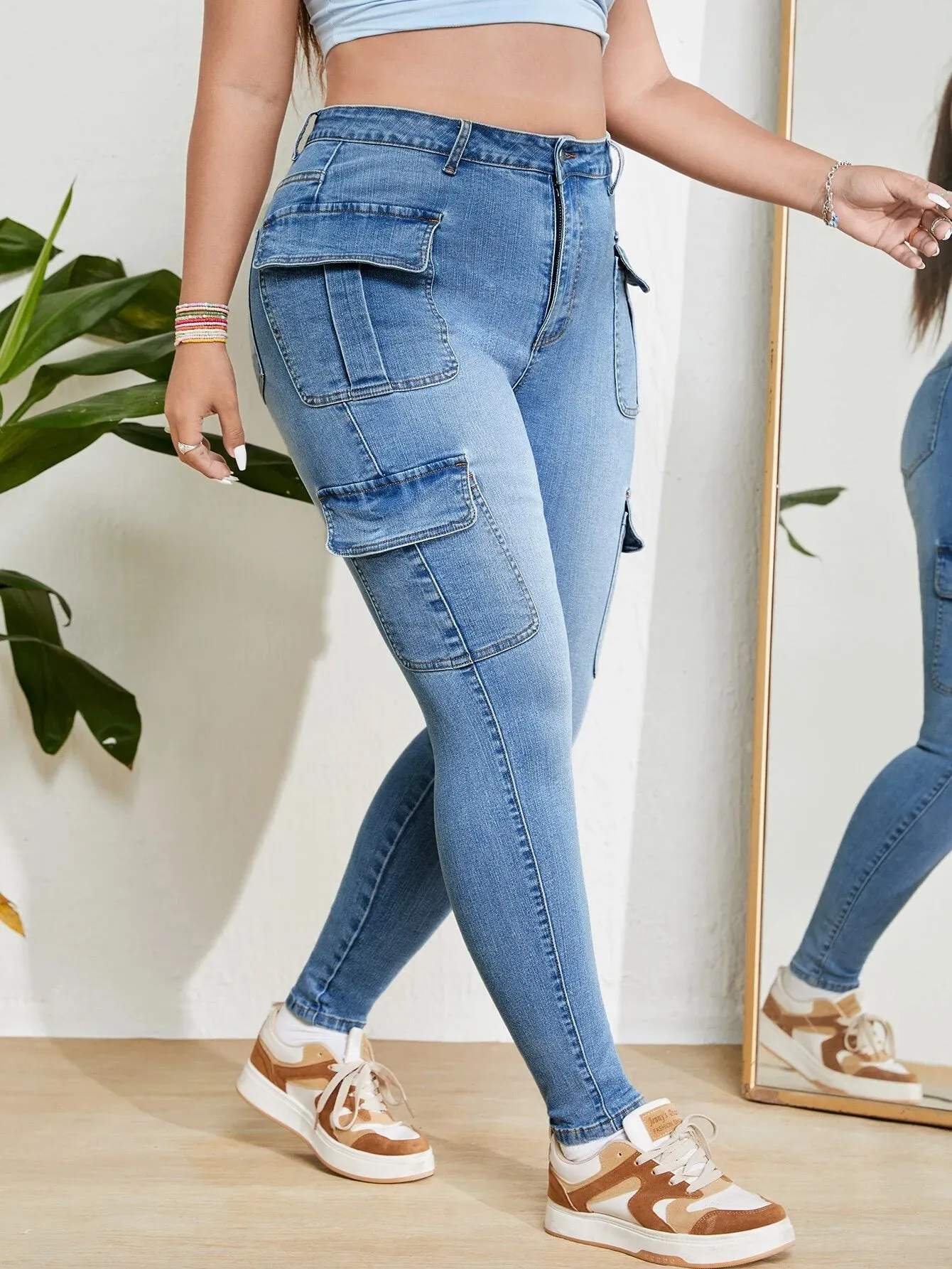 High Rise Jeans With Flap Pockets