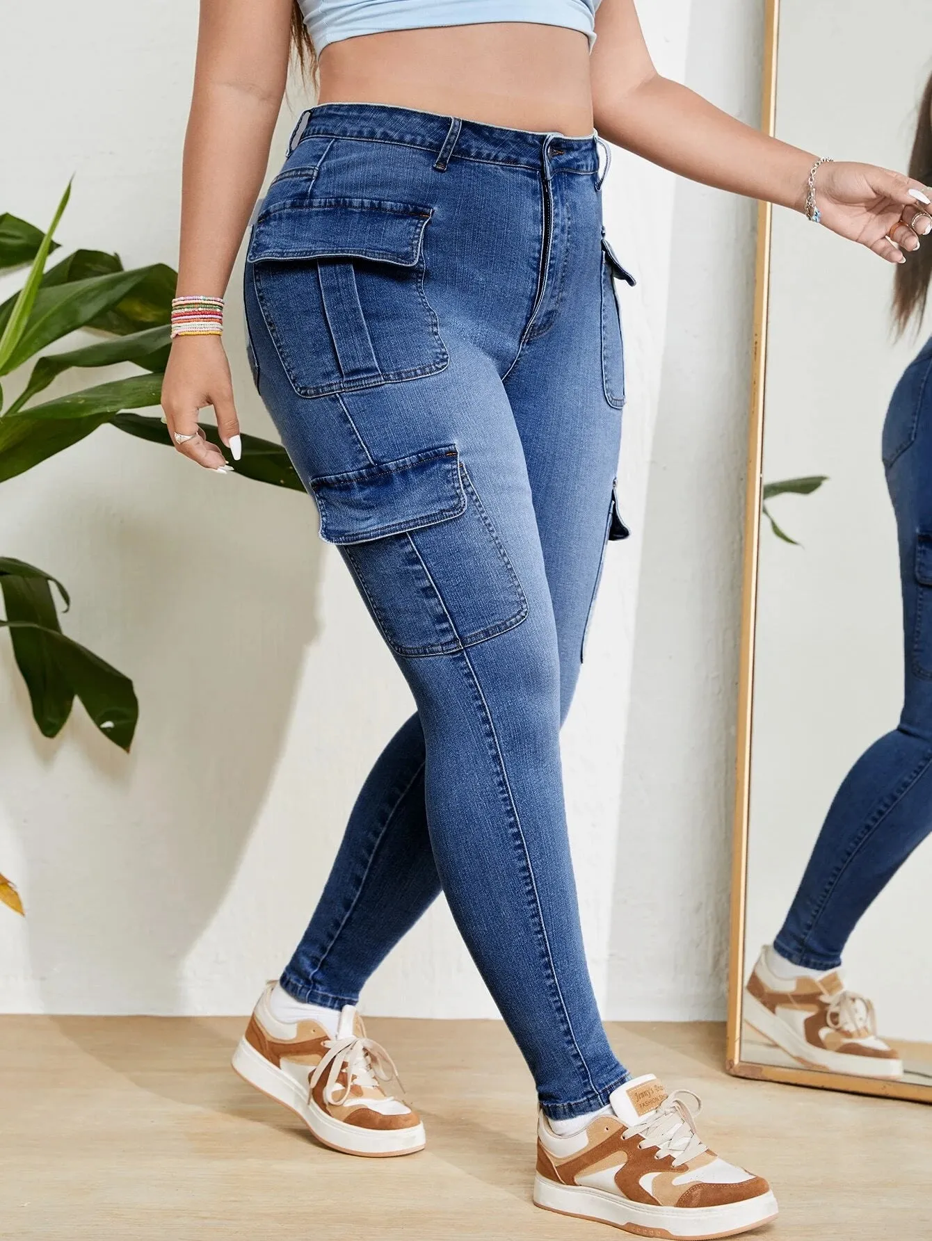 High Rise Jeans With Flap Pockets