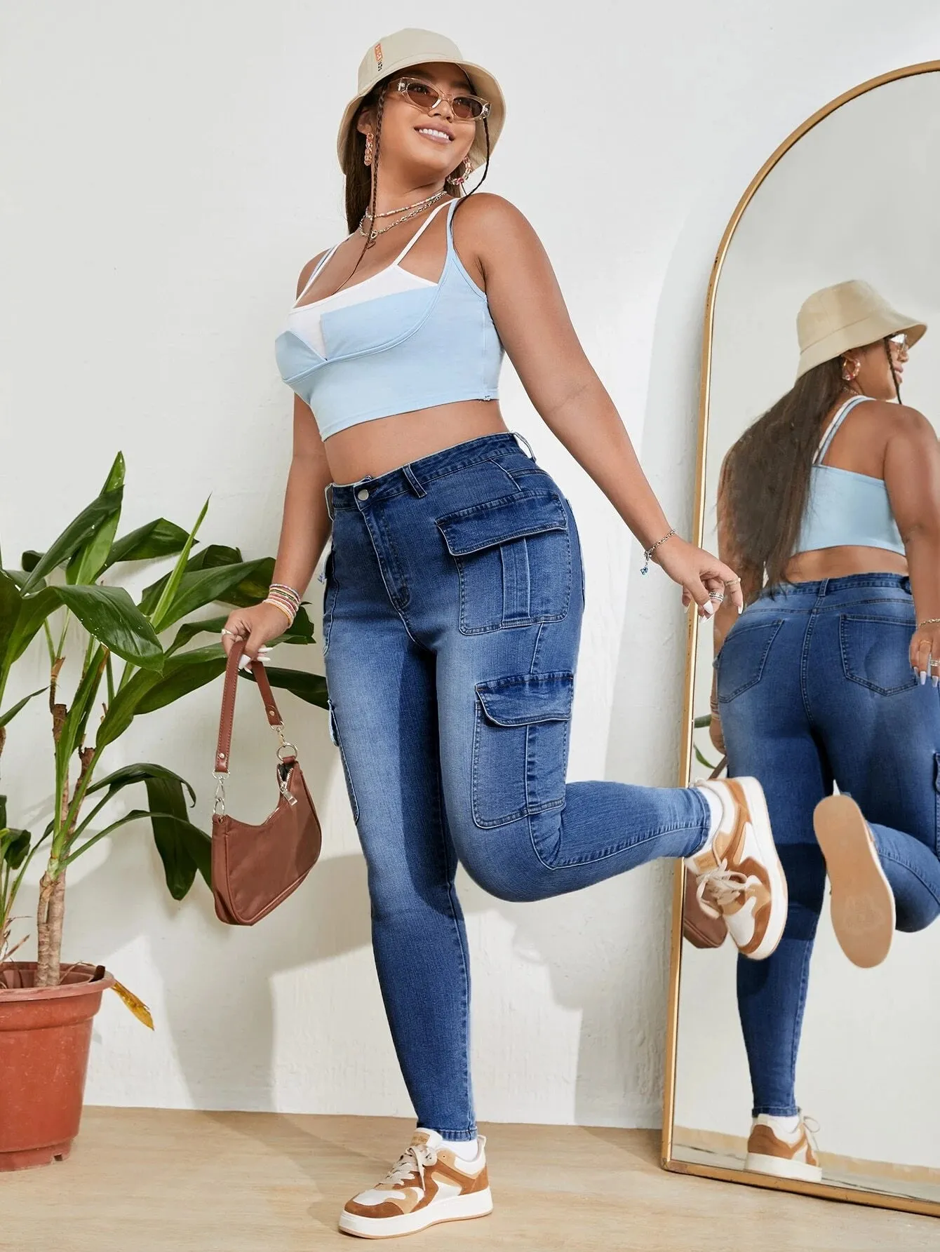 High Rise Jeans With Flap Pockets