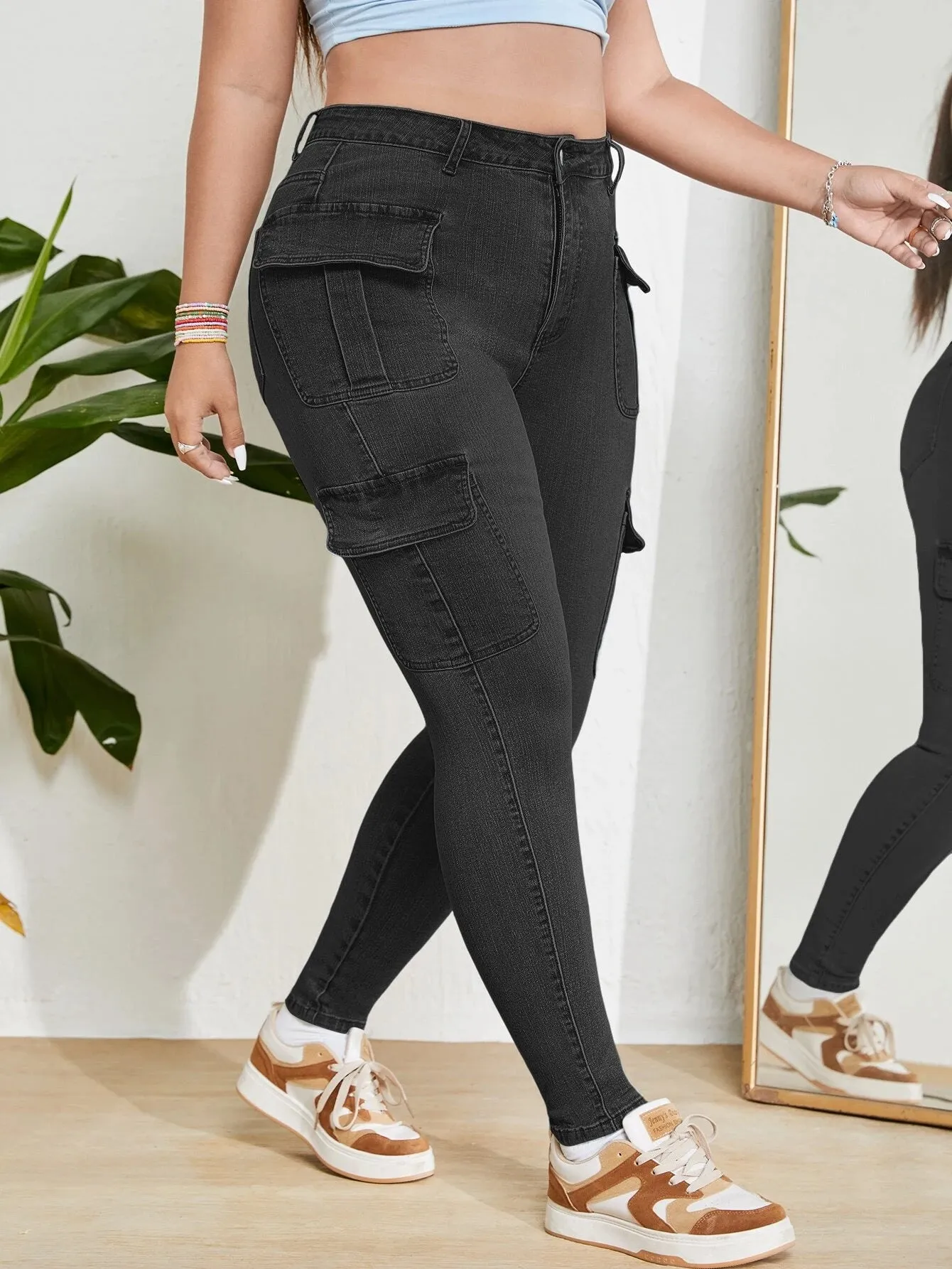 High Rise Jeans With Flap Pockets