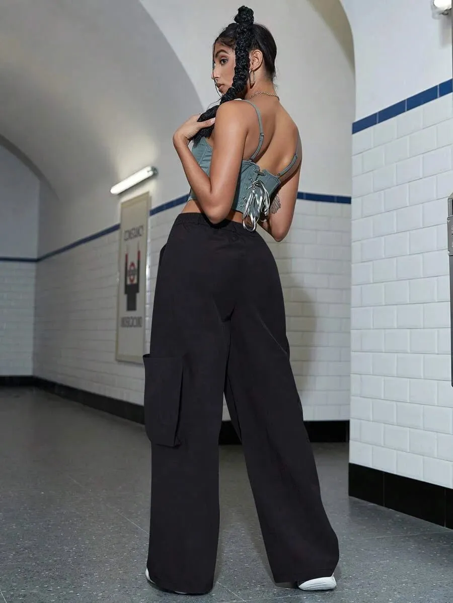 High Waist Drawstring Waist Wide Leg Cargo Pants