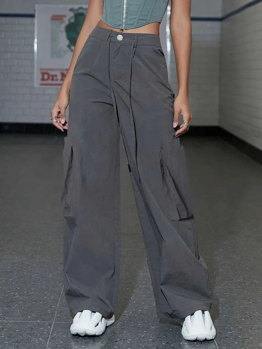 High Waist Drawstring Waist Wide Leg Cargo Pants