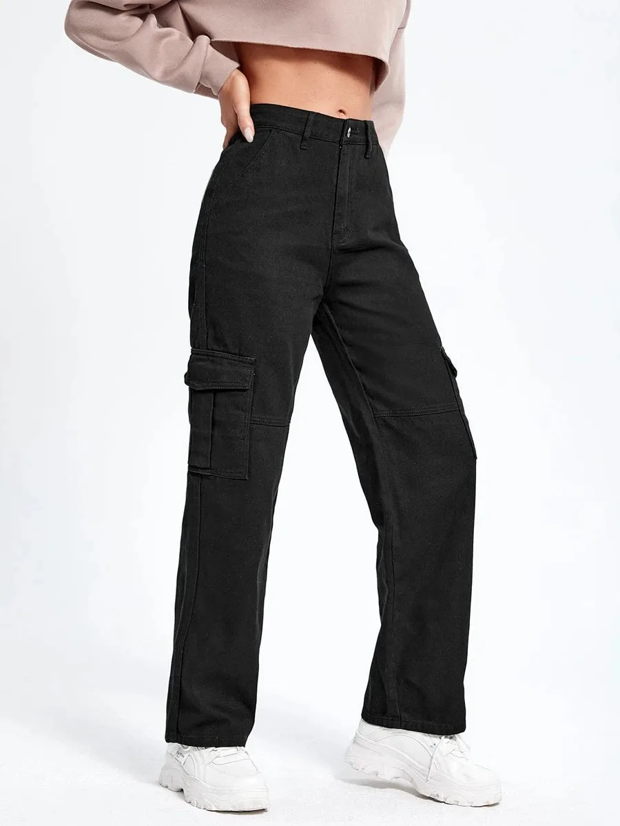 High Waist Flap Pockets Denim Cargo Jeans