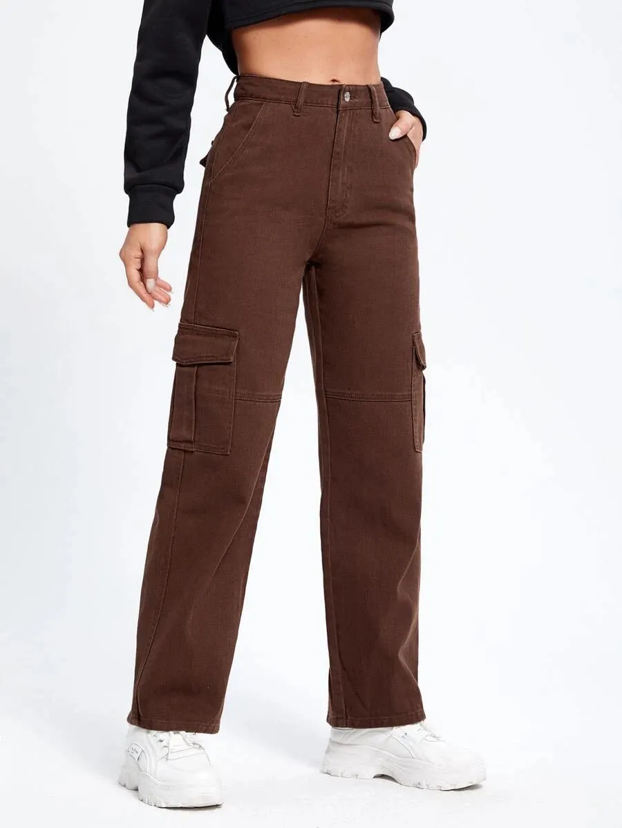 High Waist Flap Pockets Denim Cargo Jeans