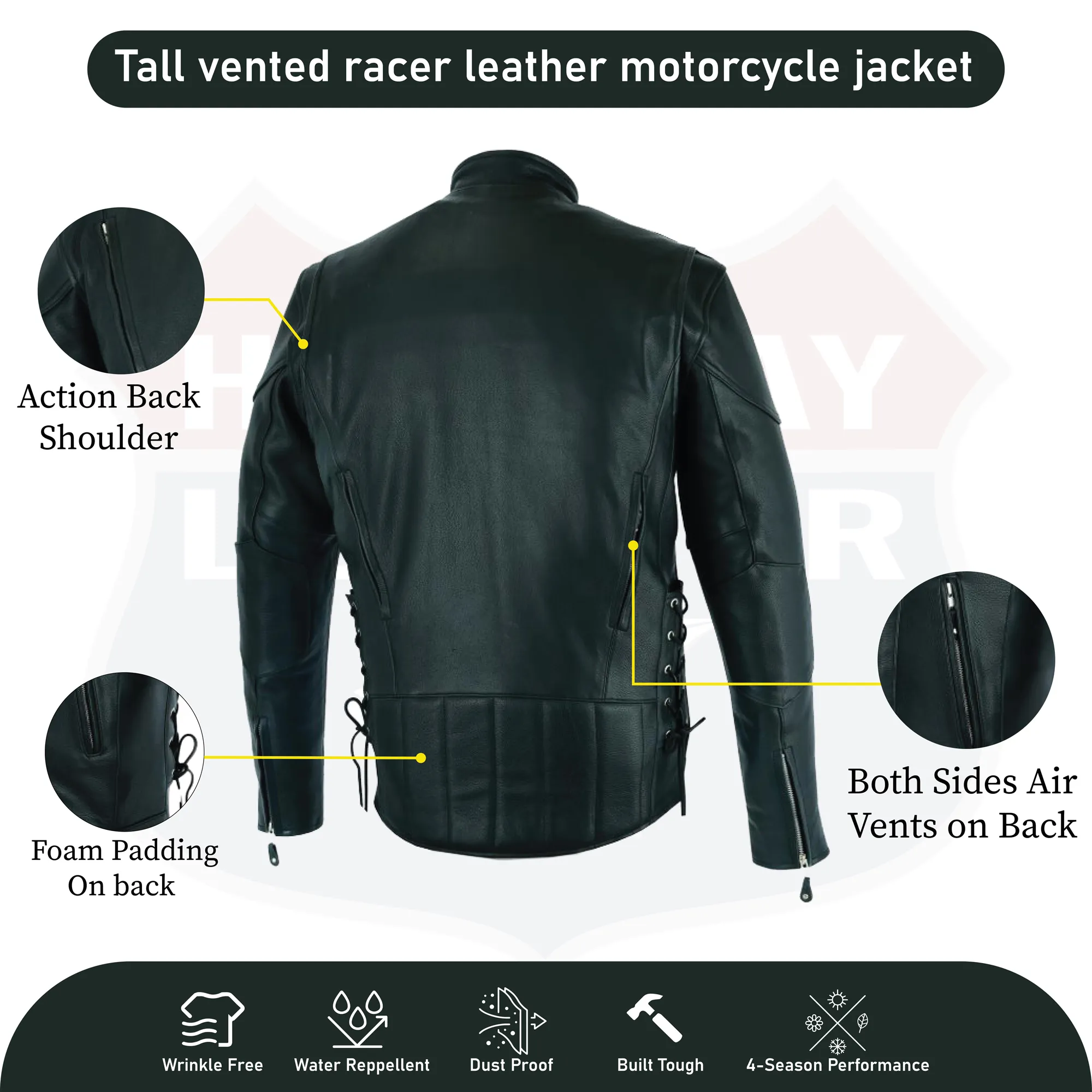 HL10206Tall TALL black vented racer leather motorcycle jacket- (longer sleeve & back length)