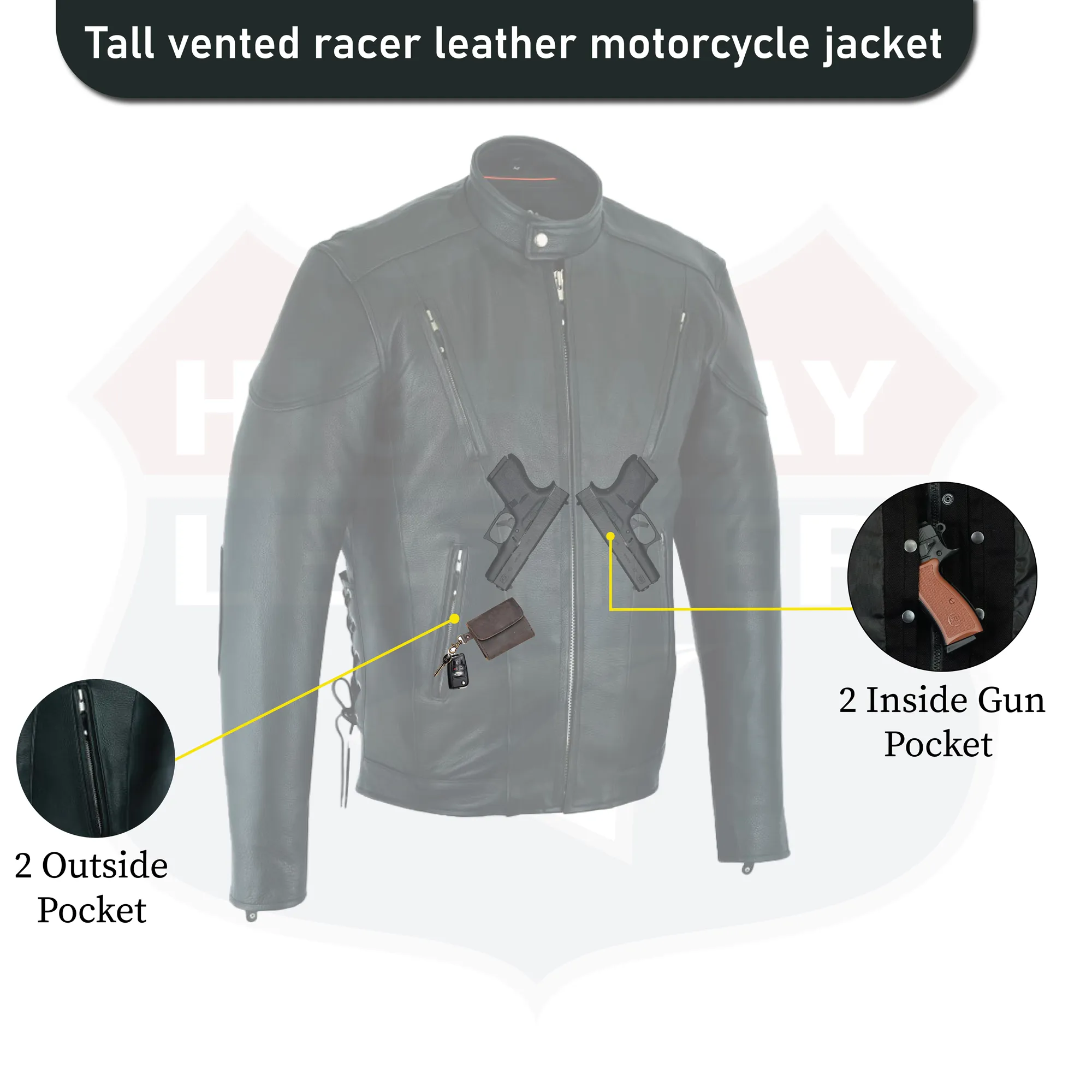 HL10206Tall TALL black vented racer leather motorcycle jacket- (longer sleeve & back length)