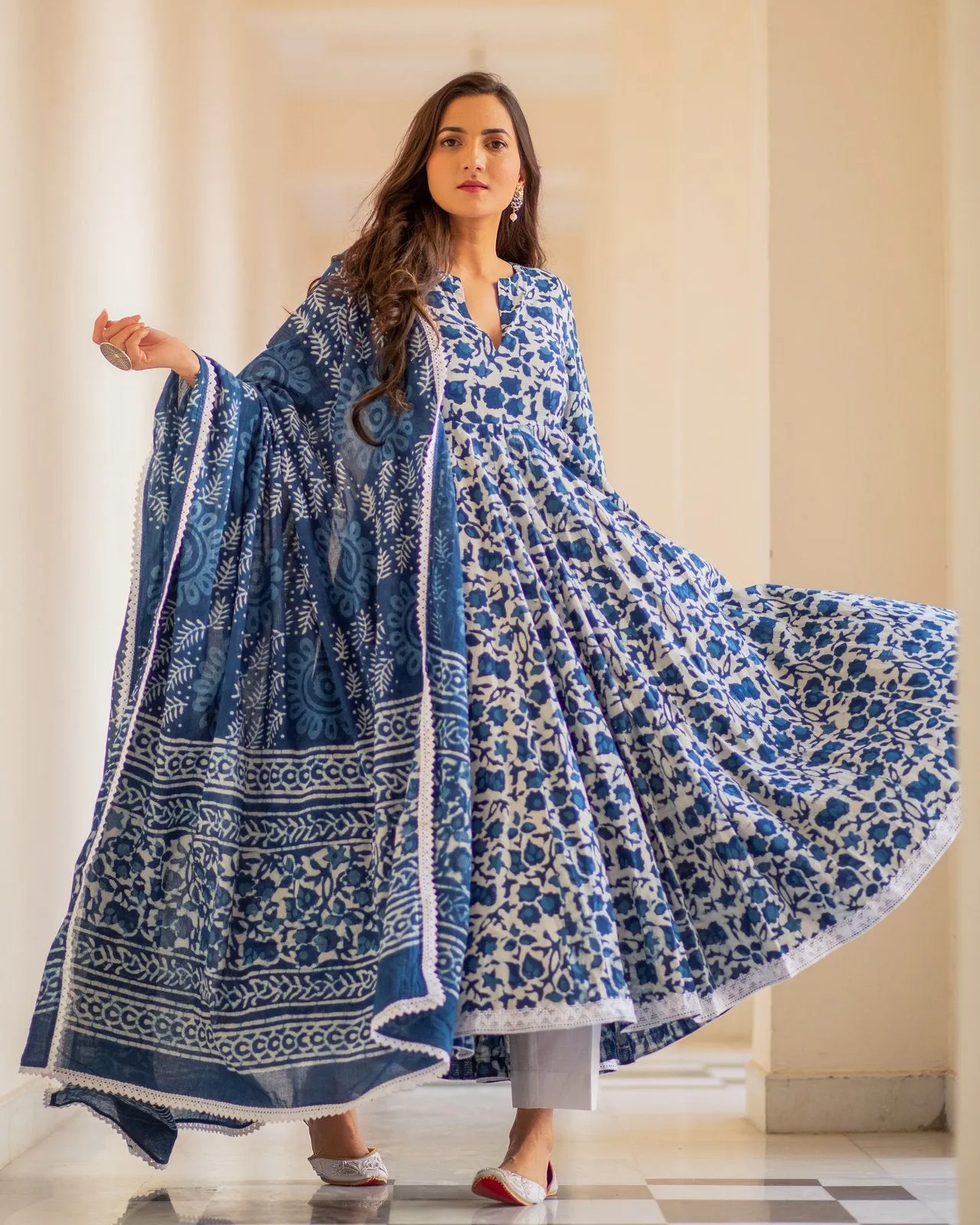 Indigo Dabu Print Cotton Dress Set