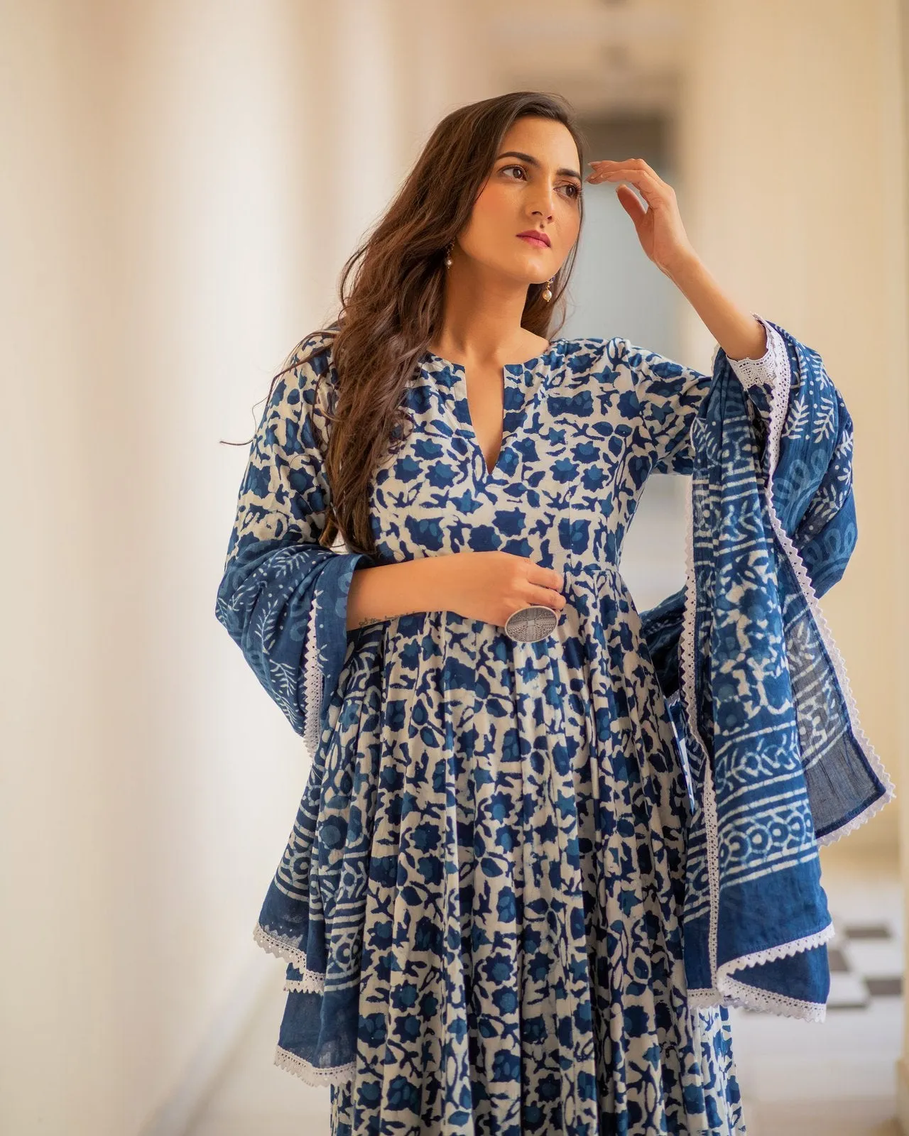 Indigo Dabu Print Cotton Dress Set