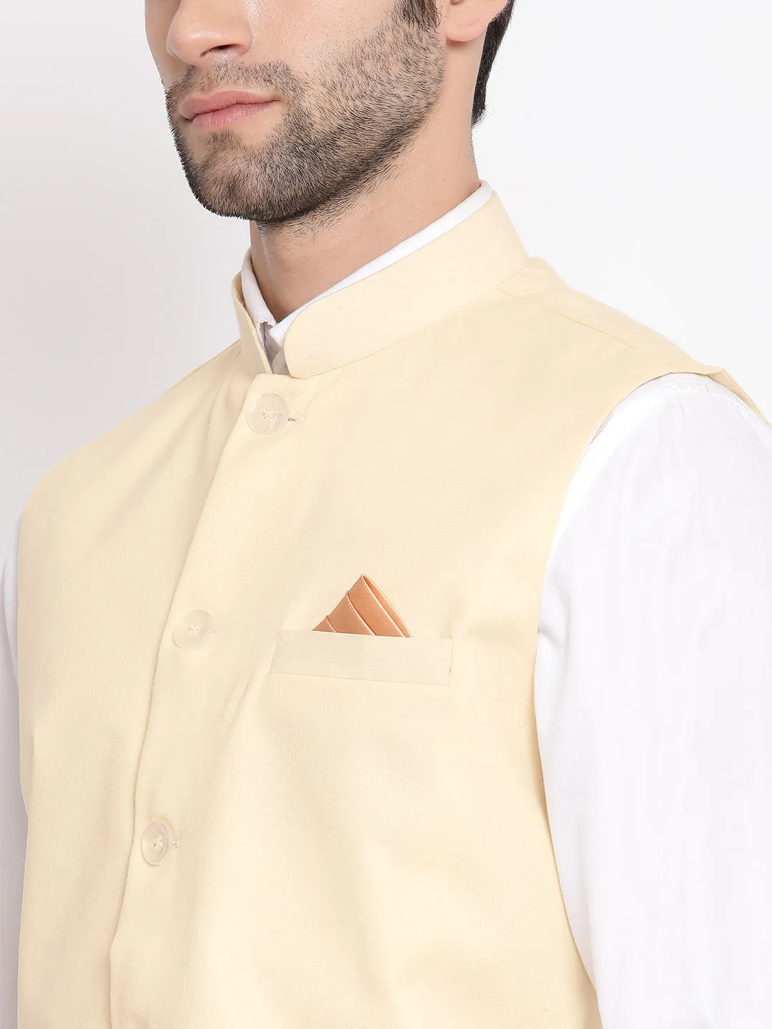 Jashvi Men's Cream Solid Classic Royal Cotton Blend Nehru Jacket