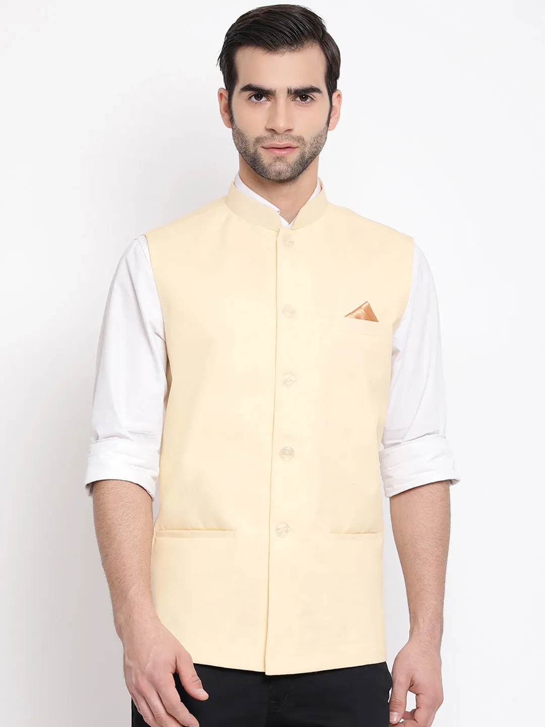 Jashvi Men's Cream Solid Classic Royal Cotton Blend Nehru Jacket