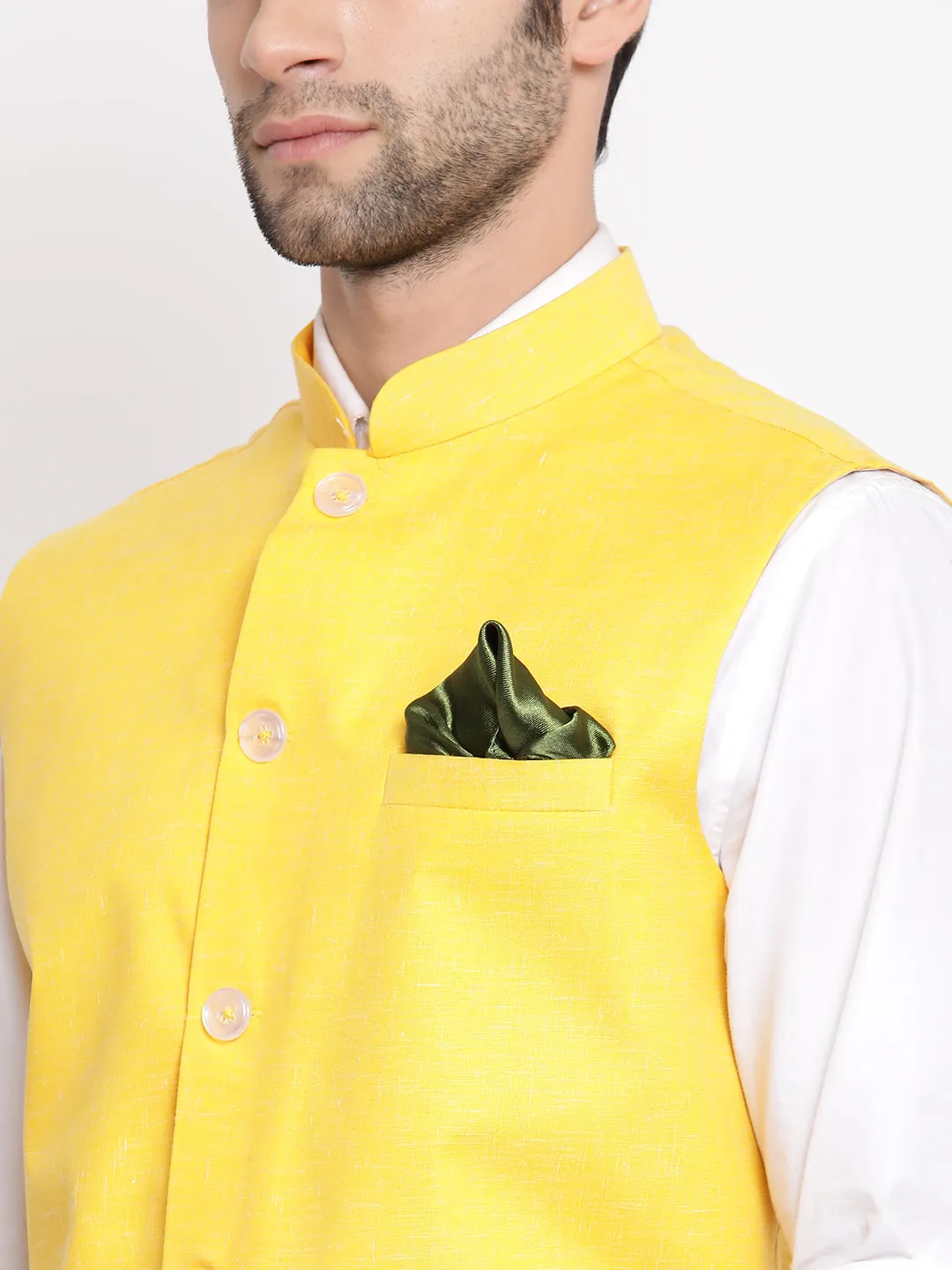 Jashvi Men's Yellow Solid Classic Royal Cotton Blend Nehru Jacket