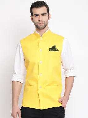 Jashvi Men's Yellow Solid Classic Royal Cotton Blend Nehru Jacket