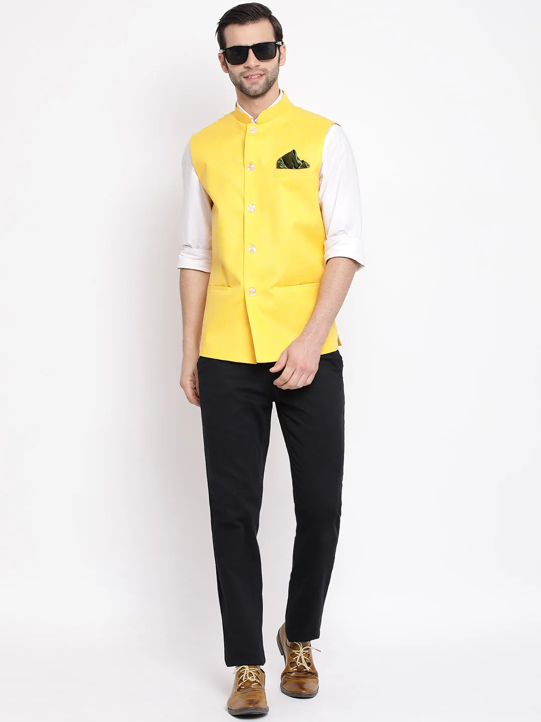 Jashvi Men's Yellow Solid Classic Royal Cotton Blend Nehru Jacket