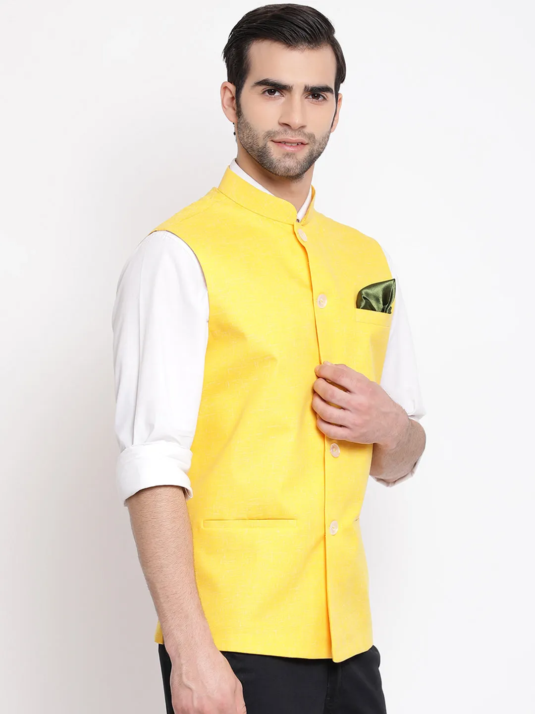 Jashvi Men's Yellow Solid Classic Royal Cotton Blend Nehru Jacket