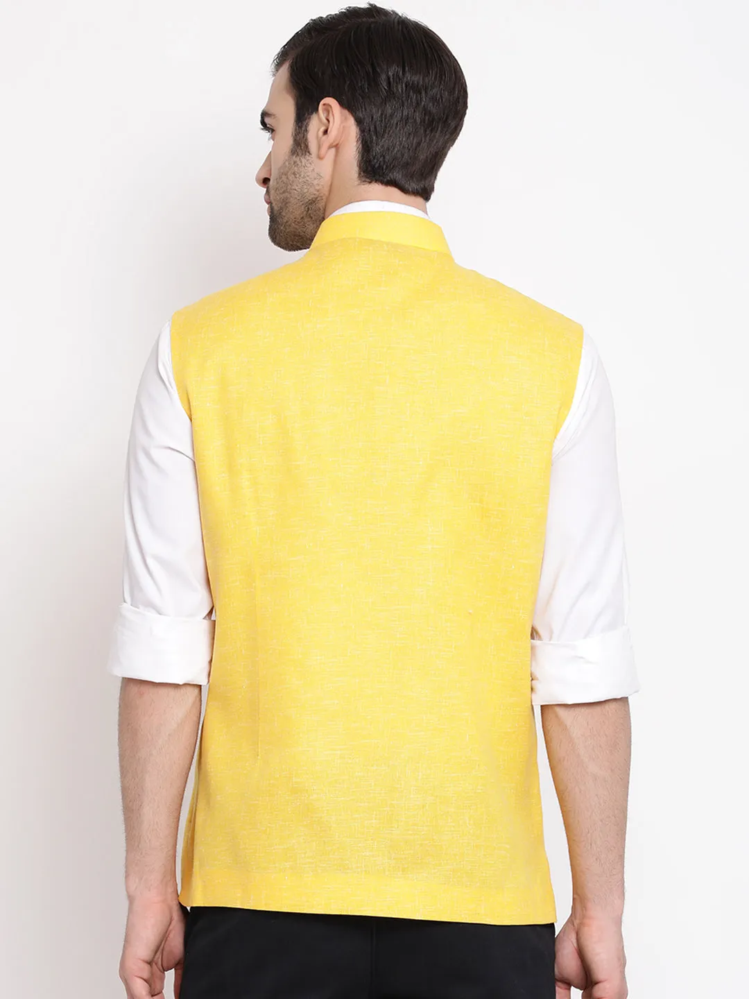 Jashvi Men's Yellow Solid Classic Royal Cotton Blend Nehru Jacket