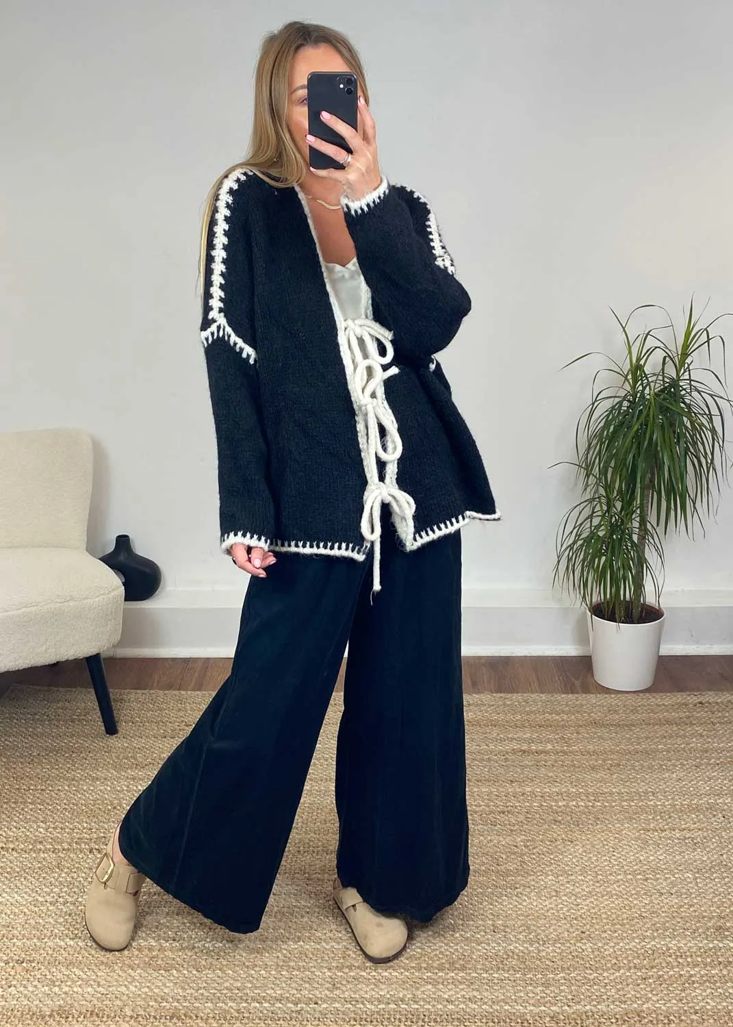 Jules Tie Front Stitch Cardigan in Black