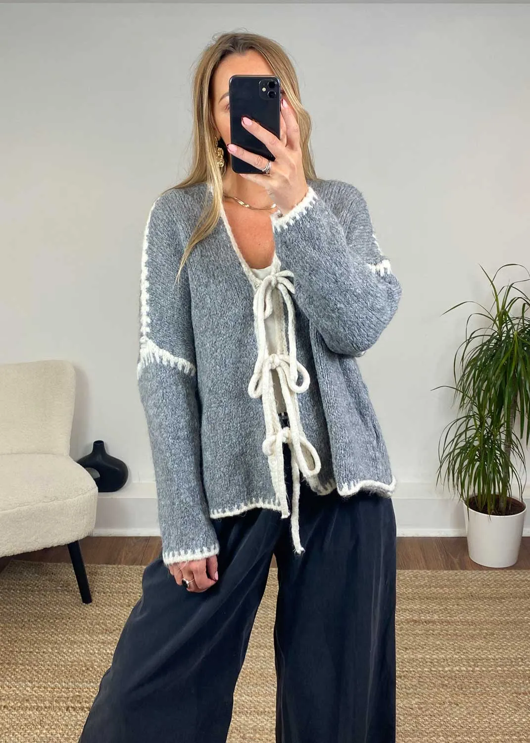 Jules Tie Front Stitch Cardigan in Grey