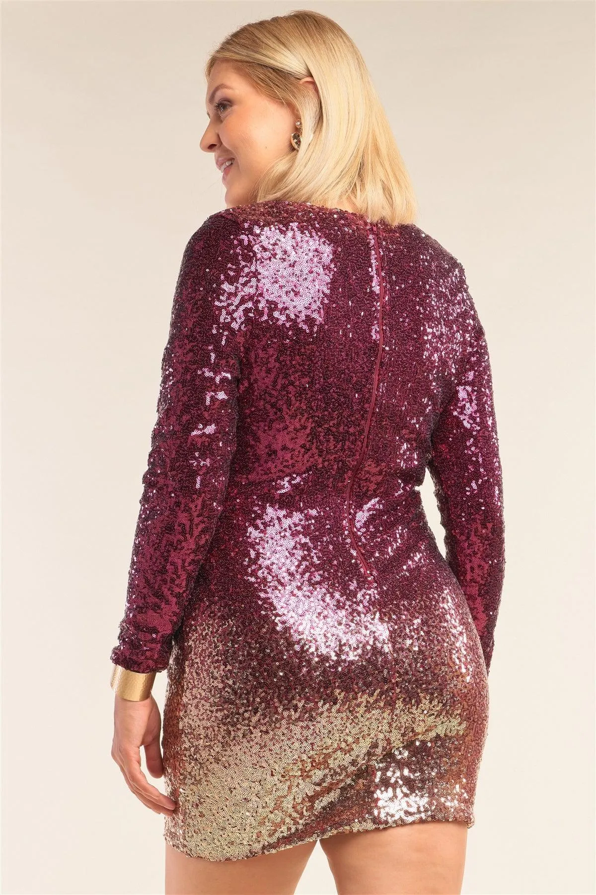 Junior Plus Size Burgundy Gold Ombre Sequin Long Sleeve Bodycon Mini Dress /2-2-2