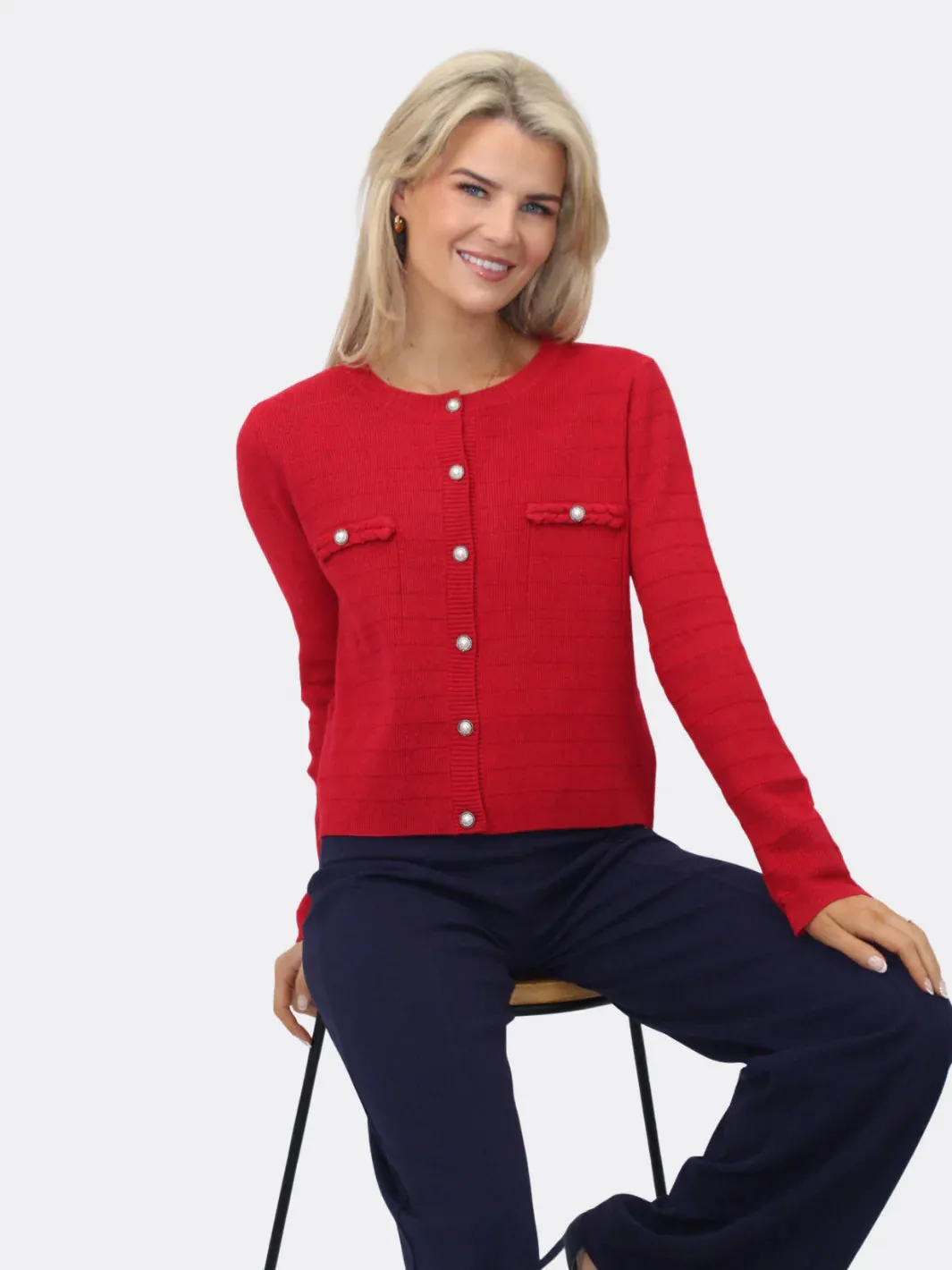 Kate And Pippa Zuki Short Cardigan with Pearl buttons. Red White or Black