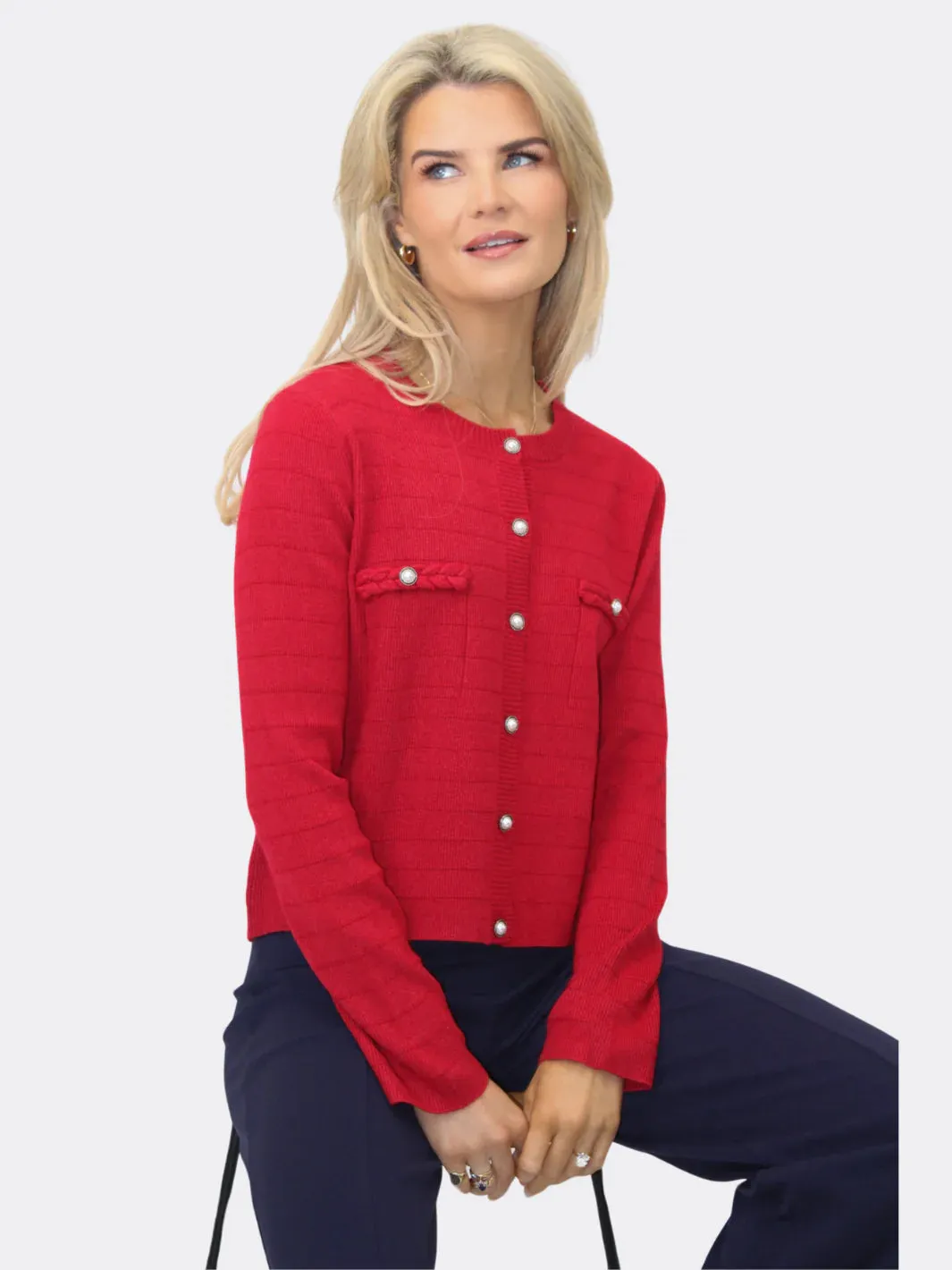 Kate And Pippa Zuki Short Cardigan with Pearl buttons. Red White or Black