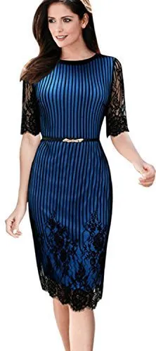 Ketty More Women Striped Flower Lace Short Sleeve Sheath Dress-KMWD291