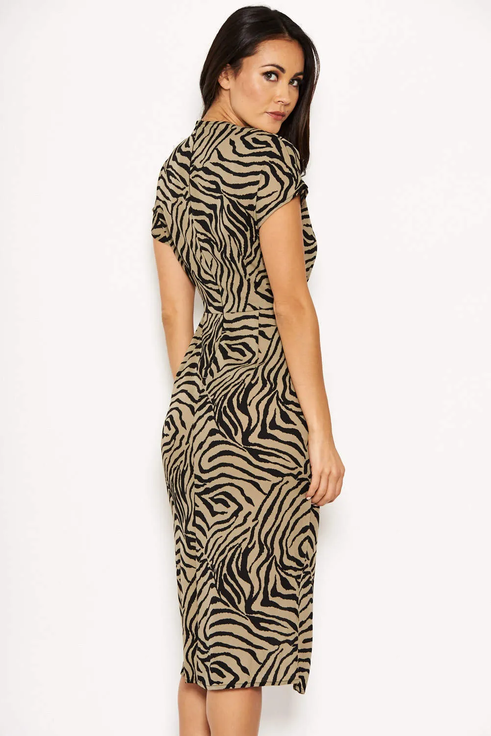 Khaki Animal Print Wrap Style Dress