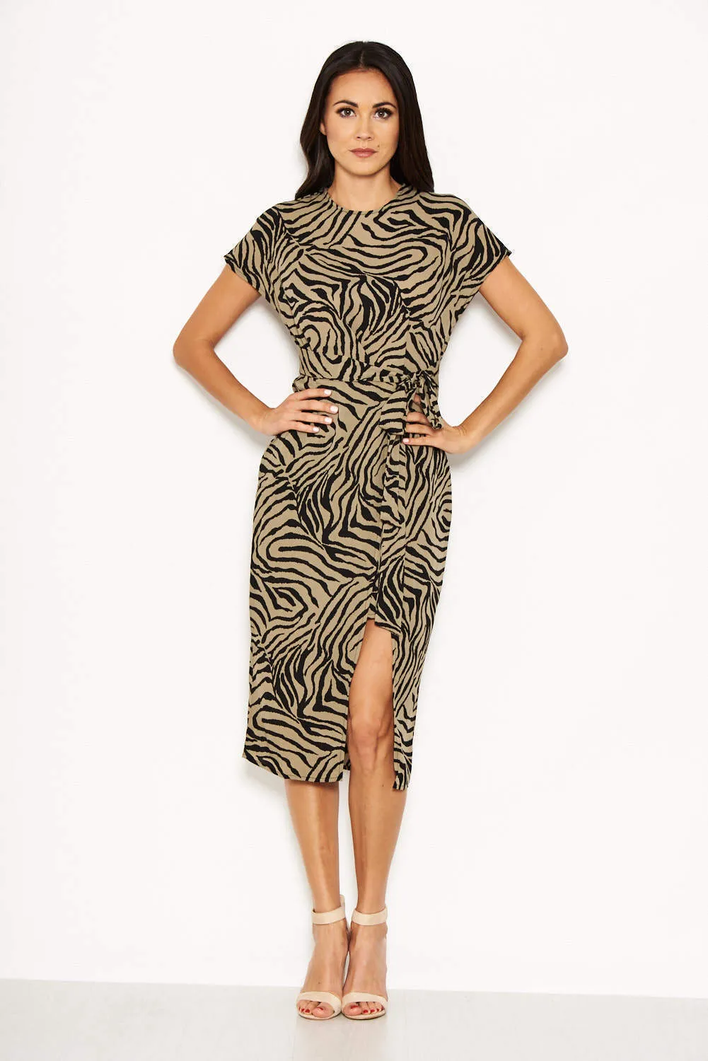 Khaki Animal Print Wrap Style Dress