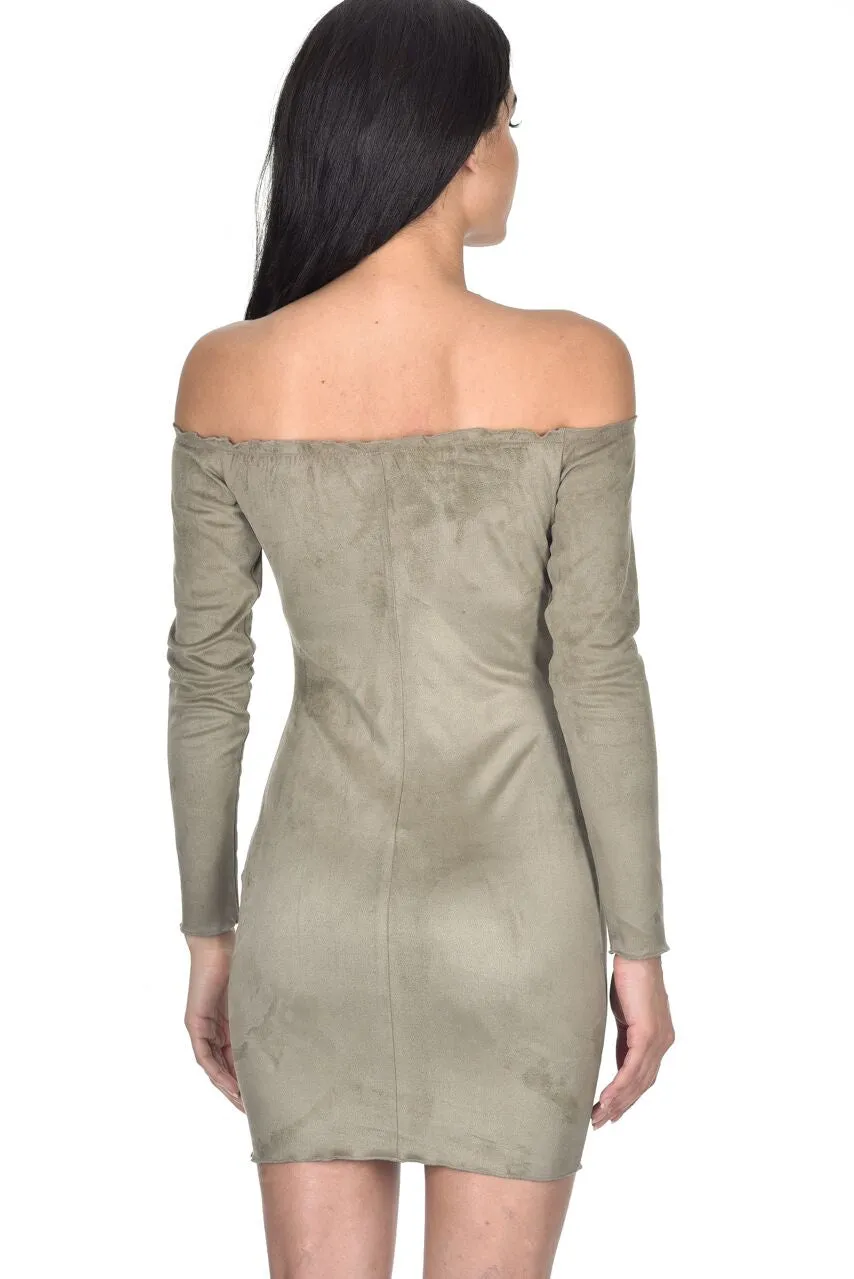 Khaki Suede Bardot Mini dress