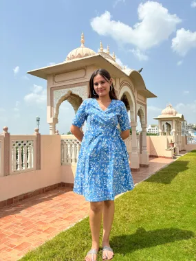 Knee-Length Tie-ups Wrap Dress Blue