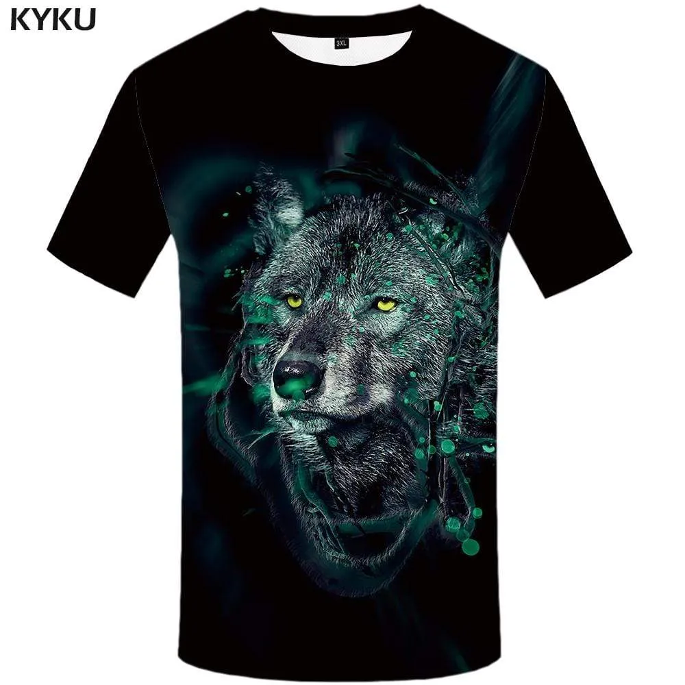 KYKU Brand Wolf T-shirts Men Black Tshirts Print Animal T-shirt 3d Ink T shirts Funny Vintage Tshirt Anime Mens Clothing Casual