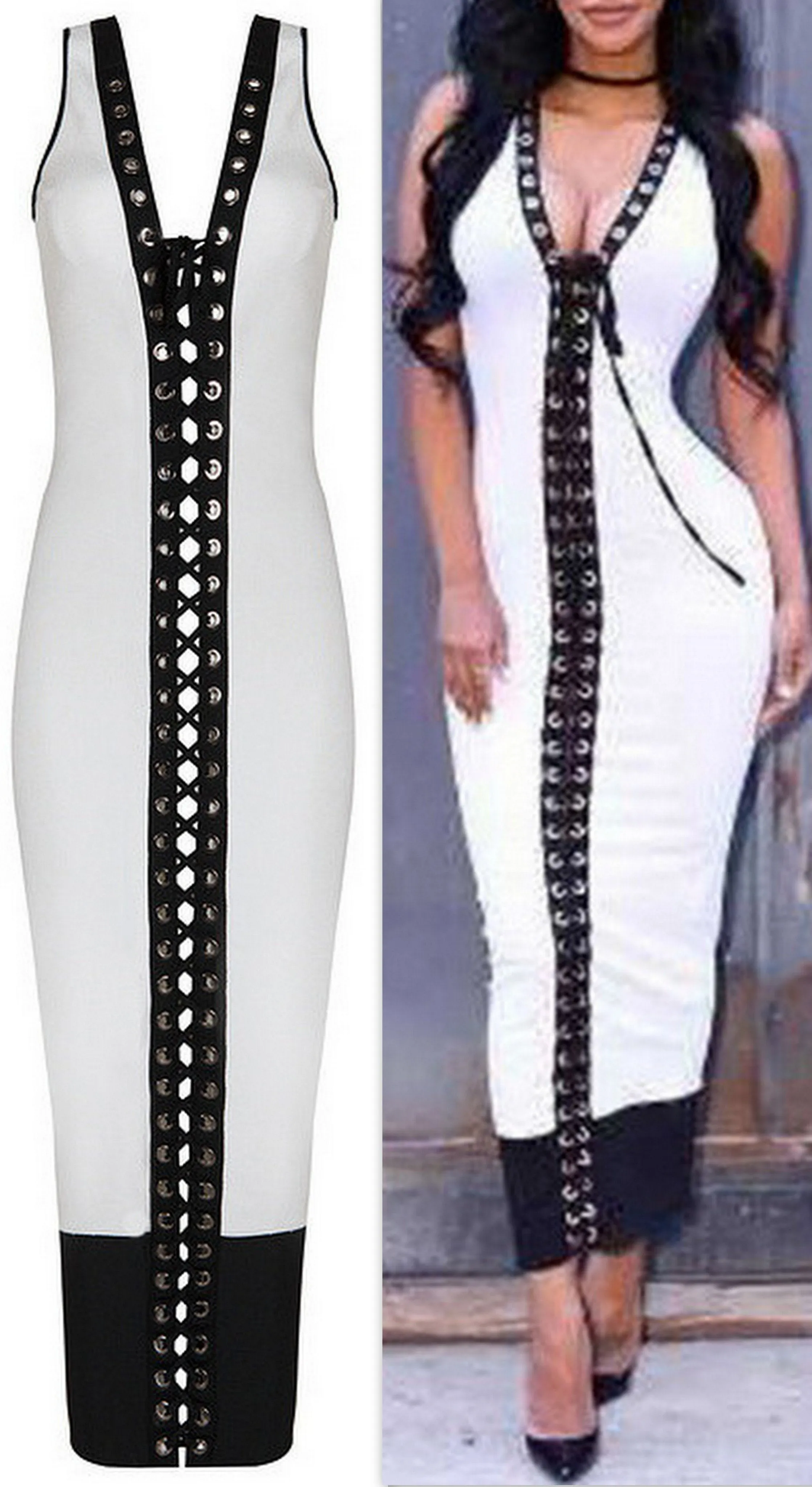 Lace-Up Bodycon Bicolor Dress, White & Black