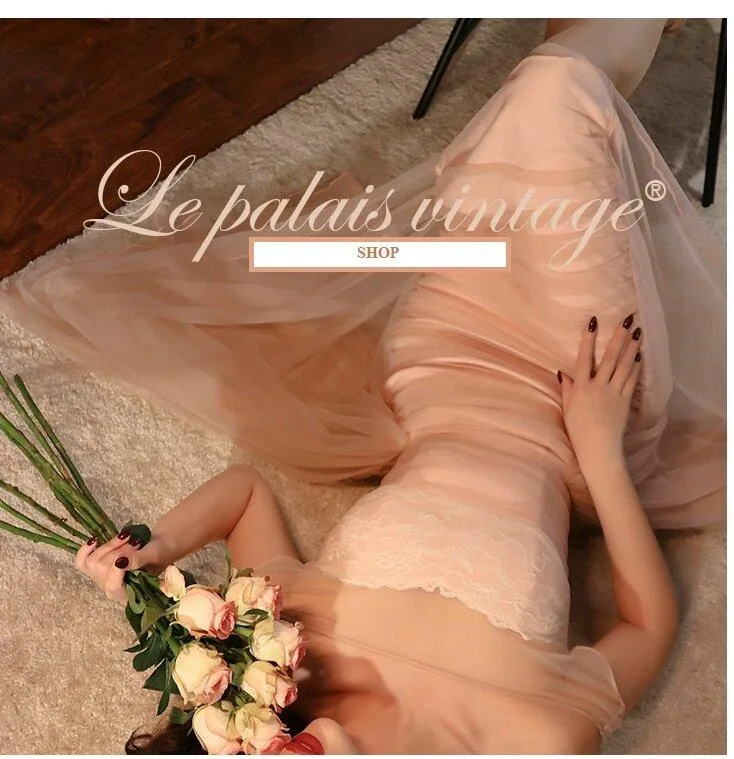 Le Palais vintage original peach elegant retro lace pleated vintage dress- Kion