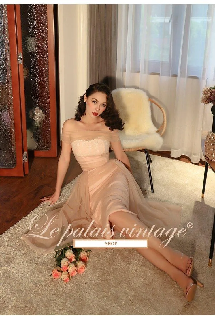 Le Palais vintage original peach elegant retro lace pleated vintage dress- Kion