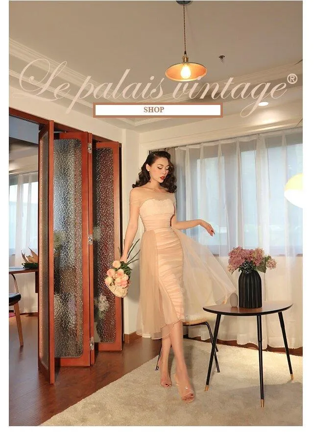 Le Palais vintage original peach elegant retro lace pleated vintage dress- Kion