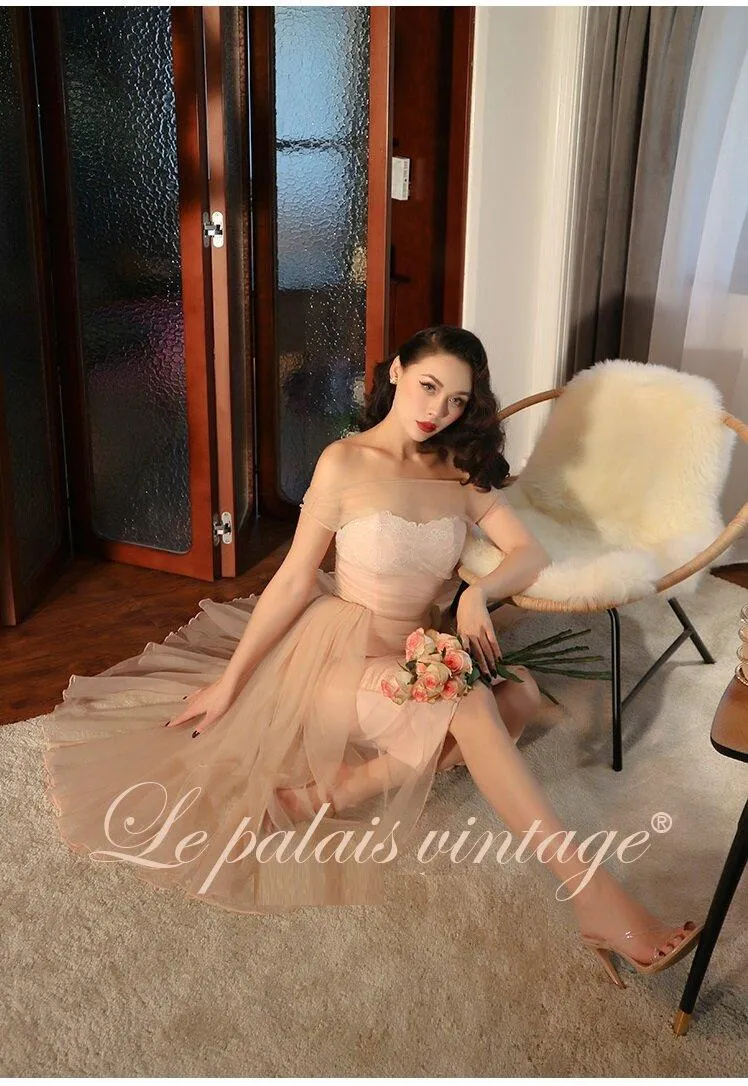 Le Palais vintage original peach elegant retro lace pleated vintage dress- Kion