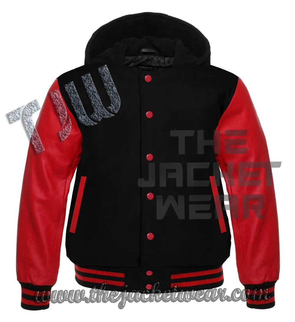 Lettermen Hoodies Red Wool & Red Leather Sleeve with Black/Red Trim