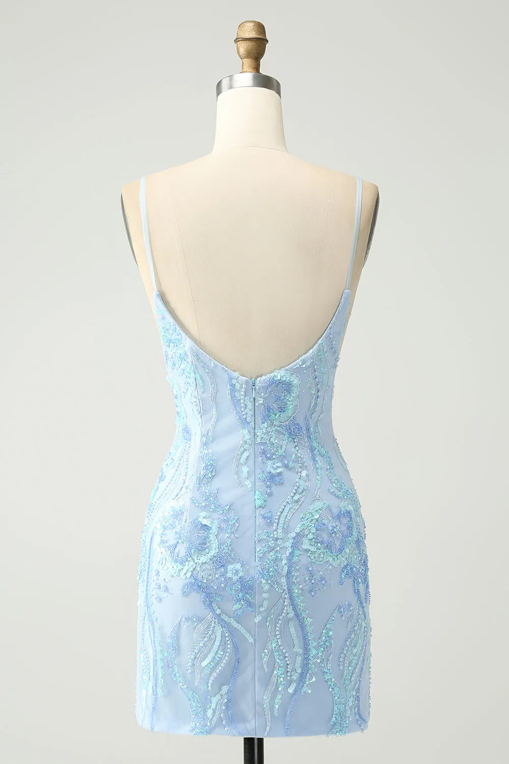 Light Blue Spaghetti Straps Short Tight Homecoming Dress with Sequins