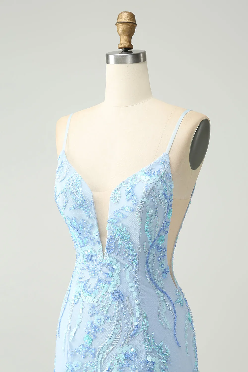 Light Blue Spaghetti Straps Short Tight Homecoming Dress with Sequins