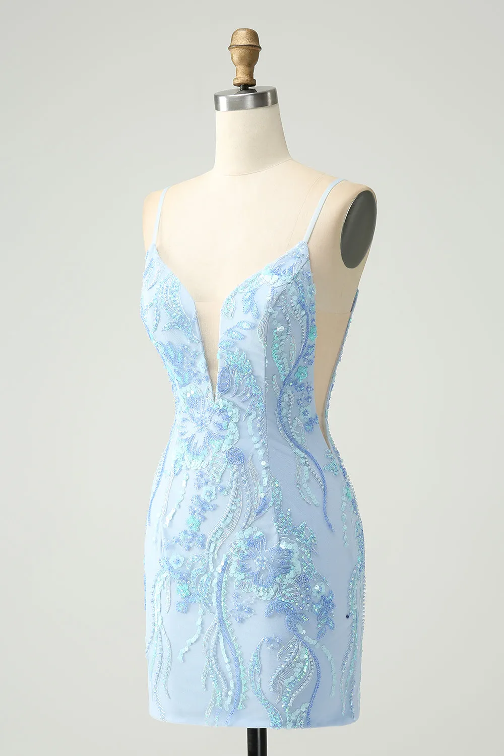 Light Blue Spaghetti Straps Short Tight Homecoming Dress with Sequins