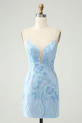 Light Blue Spaghetti Straps Short Tight Homecoming Dress with Sequins