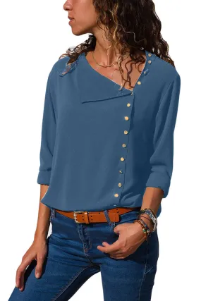 Light Blue Turndown Collar Asymmetric Button Down Blouse