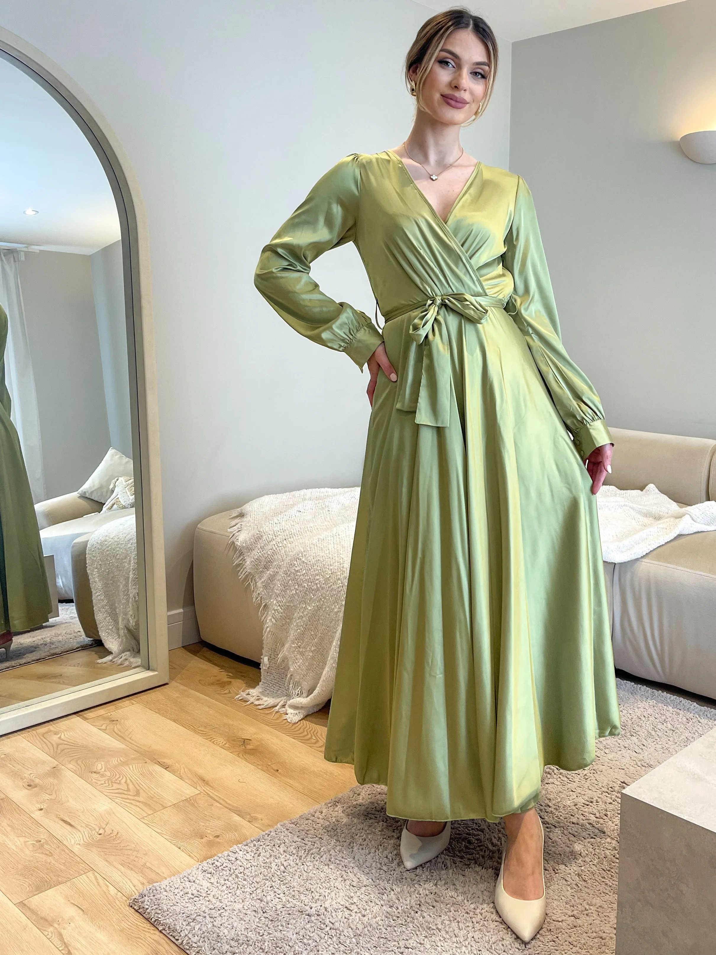 LIME GREEN SATIN BELTED MAXI DRESS