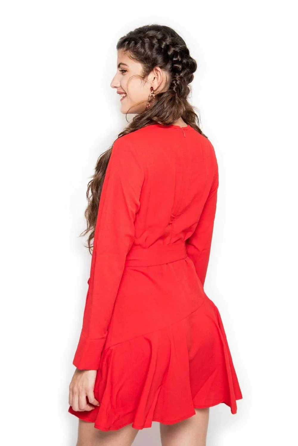 Limited edition one of a kind designer unique cocktail date work coll neck pleated red dress- Yelia