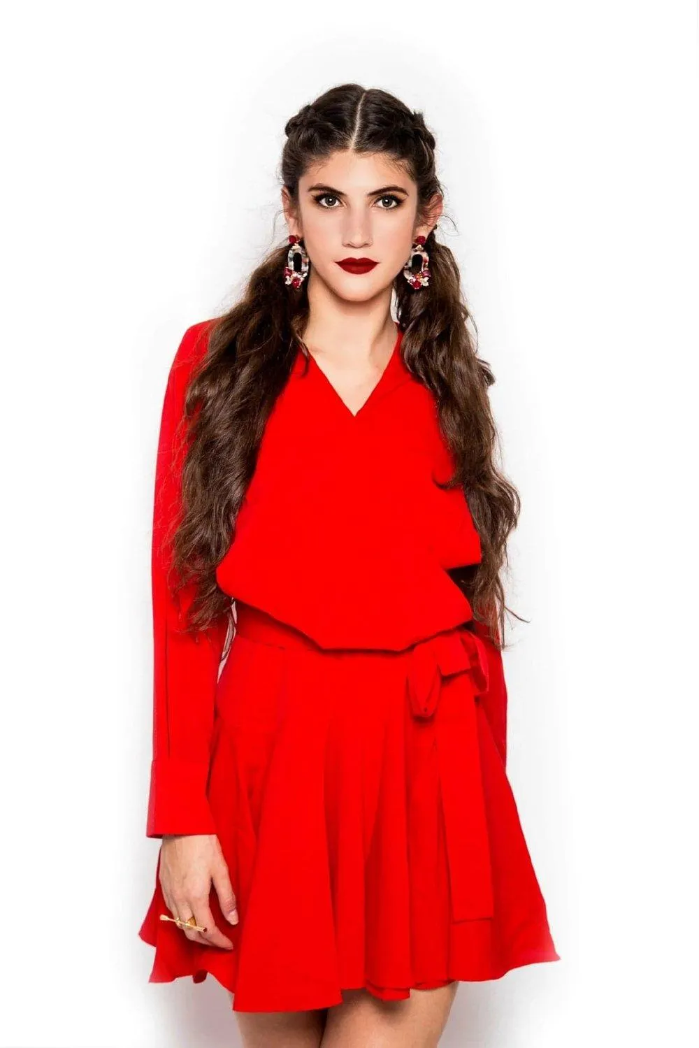 Limited edition one of a kind designer unique cocktail date work coll neck pleated red dress- Yelia