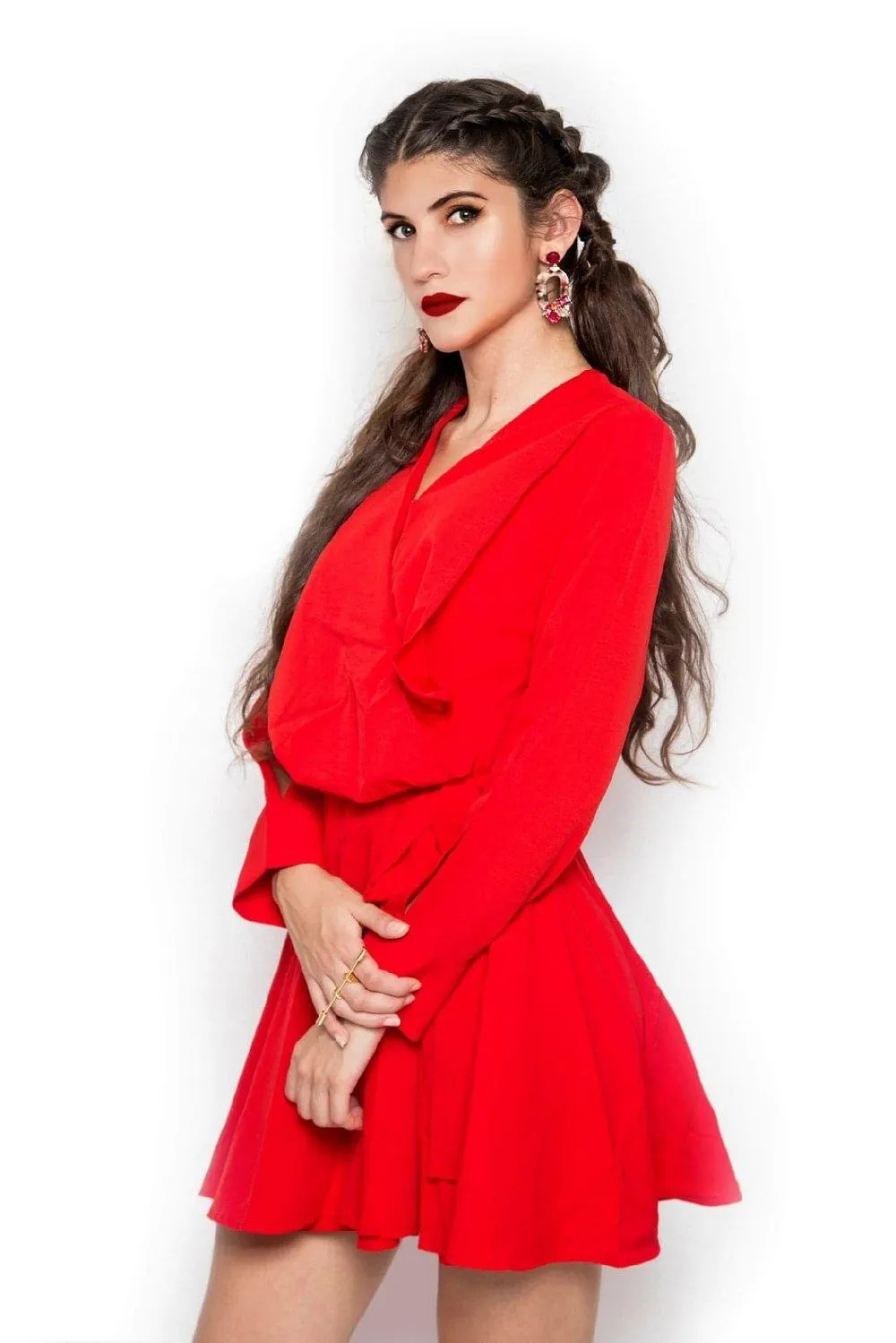 Limited edition one of a kind designer unique cocktail date work coll neck pleated red dress- Yelia