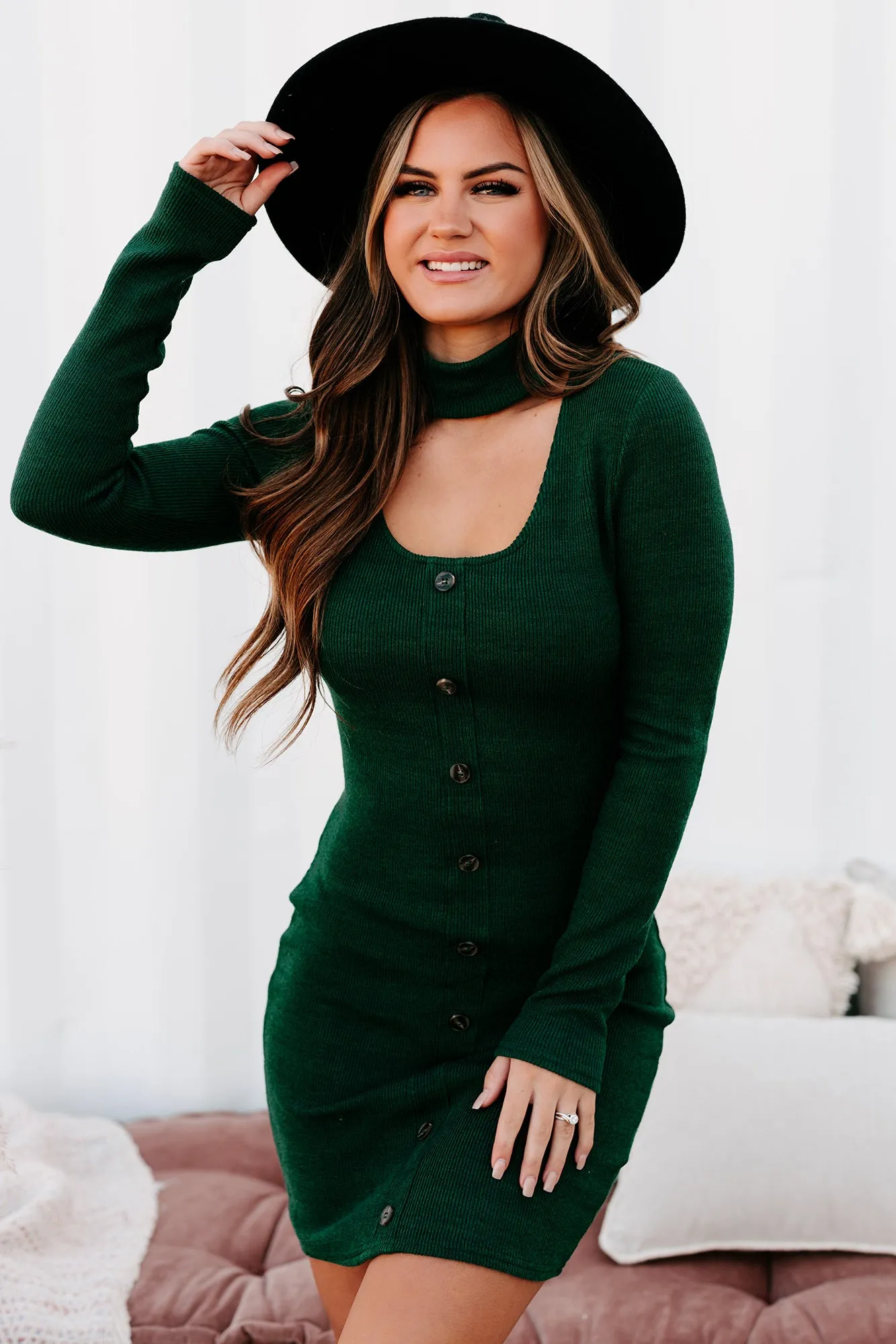 Living For Today Long Sleeve Cut-Out Bodycon Dress (Hunter Green)