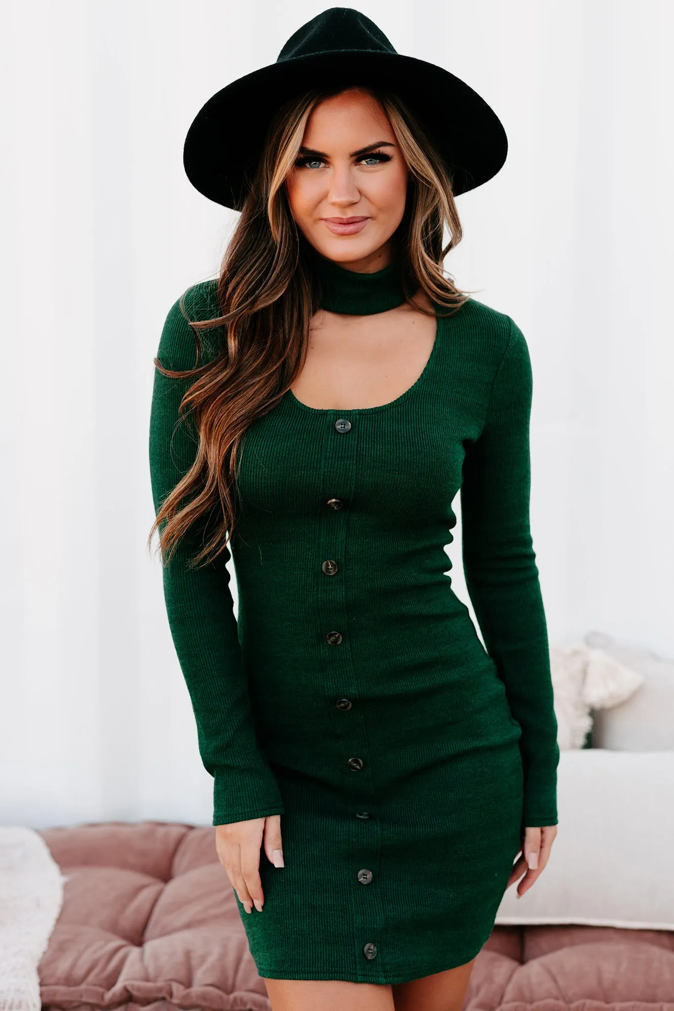 Living For Today Long Sleeve Cut-Out Bodycon Dress (Hunter Green)