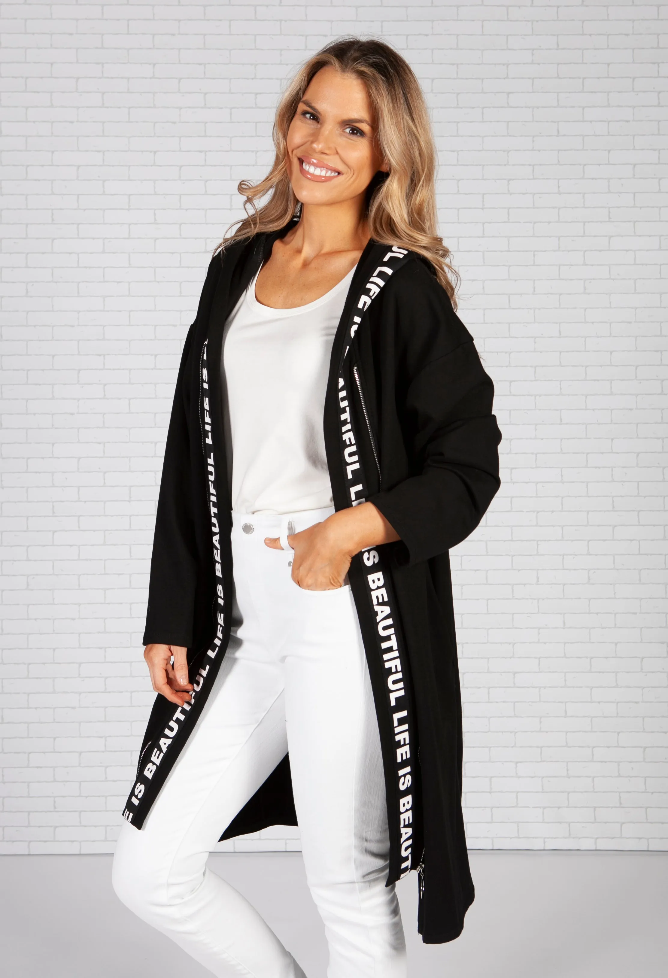 Long Black Cardigan with Logo Straps