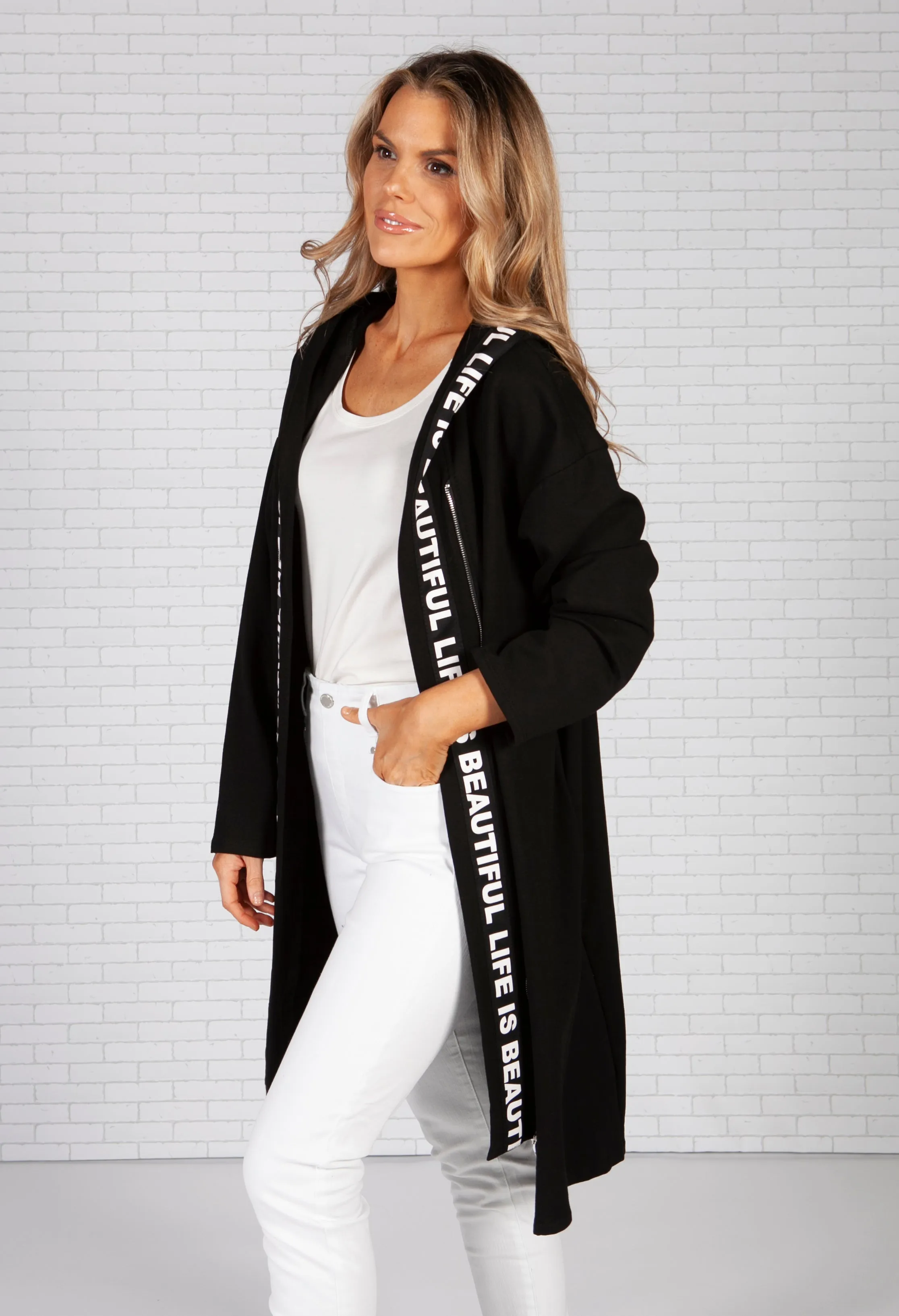 Long Black Cardigan with Logo Straps